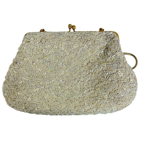 Vintage 60’s Cream Hand Beaded Clutch Purse Evening Bag Bridal Sparkle Hong Kong - Picture 3 of 10